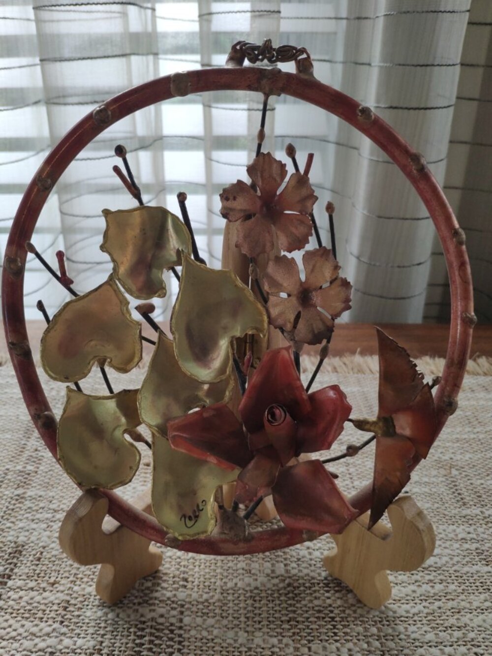 Brass and Copper Artwork Torch Cut Art Ring Wall Hanging, 7" signed Zorro